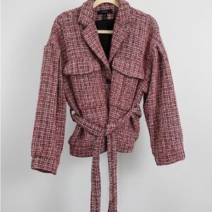 Burgundy Tweed Belted Jacket with Unique Utility Sleeve Drawstrings Size Medium